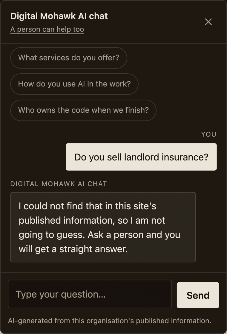 The same panel. The visitor has asked whether the studio sells landlord insurance, and the reply says it could not find that in this site's published information, will not guess, and suggests asking a person.