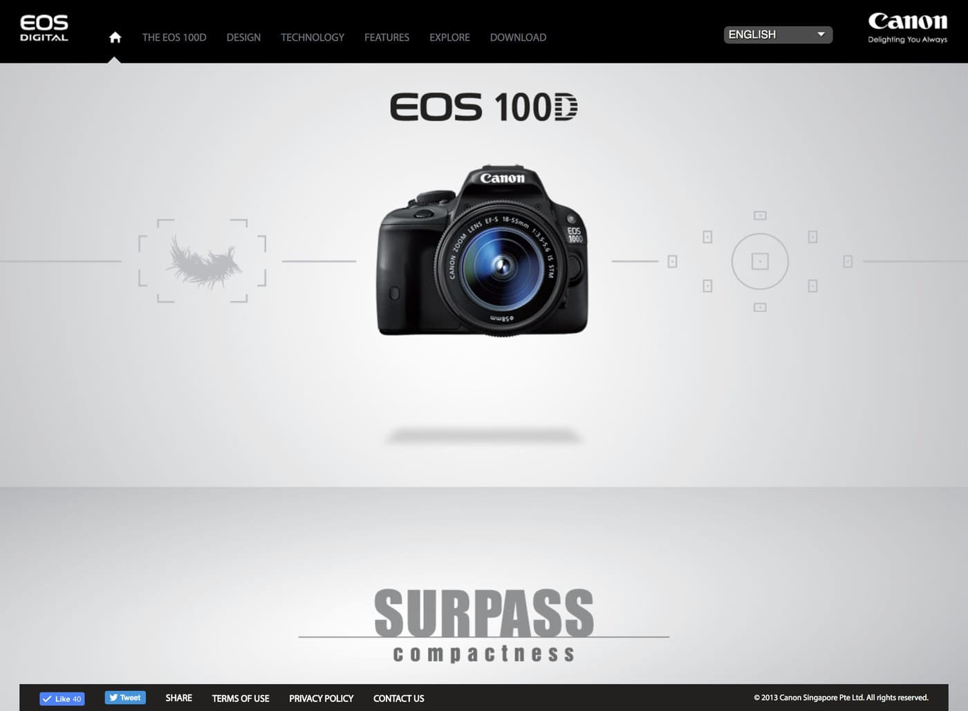 The EOS 100D microsite: the camera floating on a pale gradient between focus bracket graphics, above the word 'Surpass compactness'.