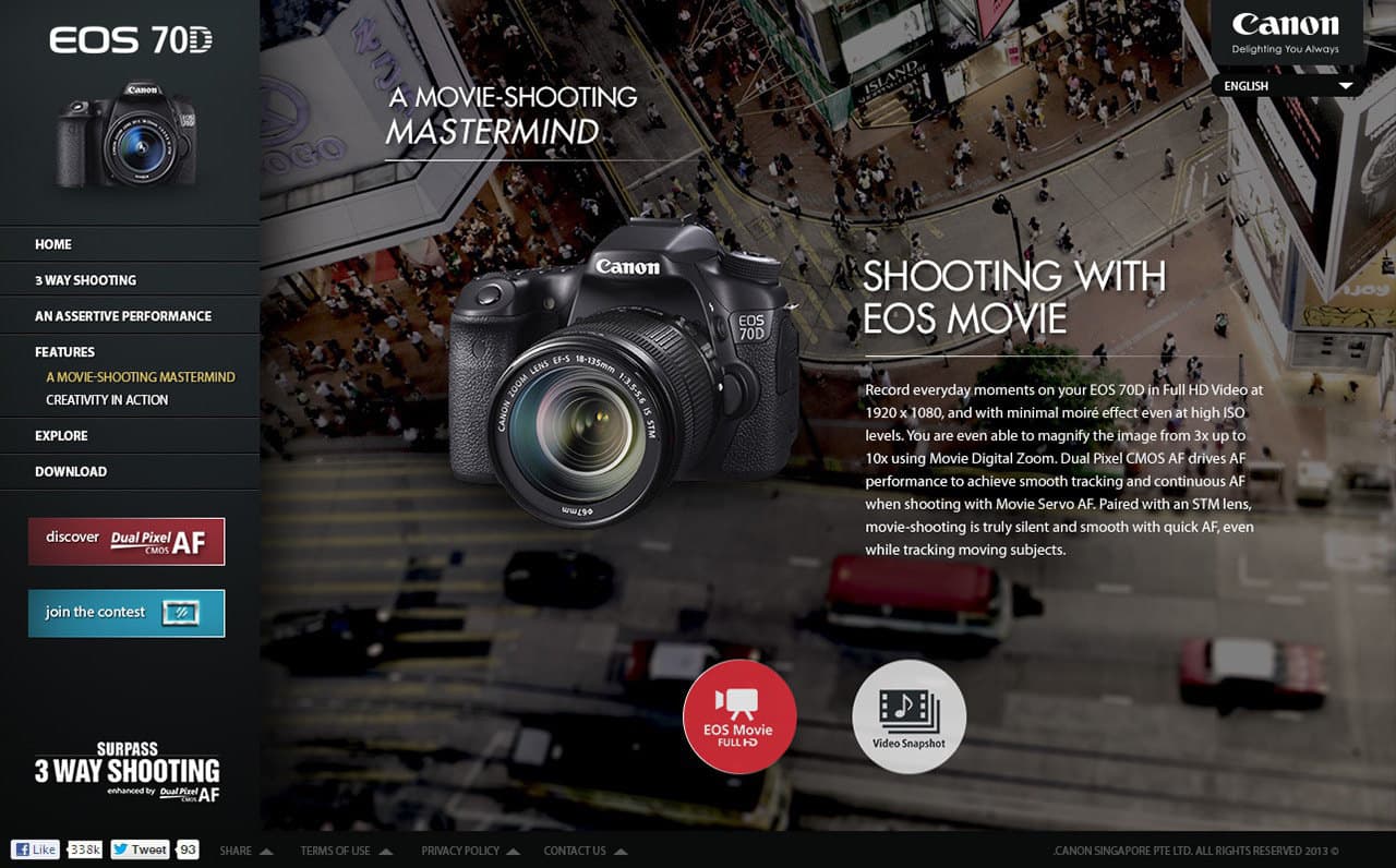 A second EOS 70D panel showing the camera with feature callouts.
