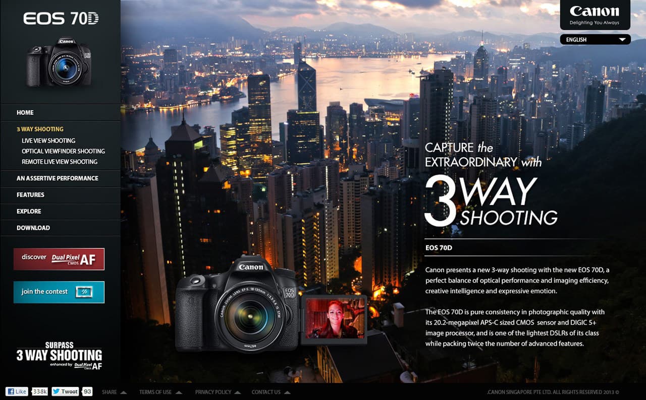 A panel from the EOS 70D microsite showing the camera with feature callouts.