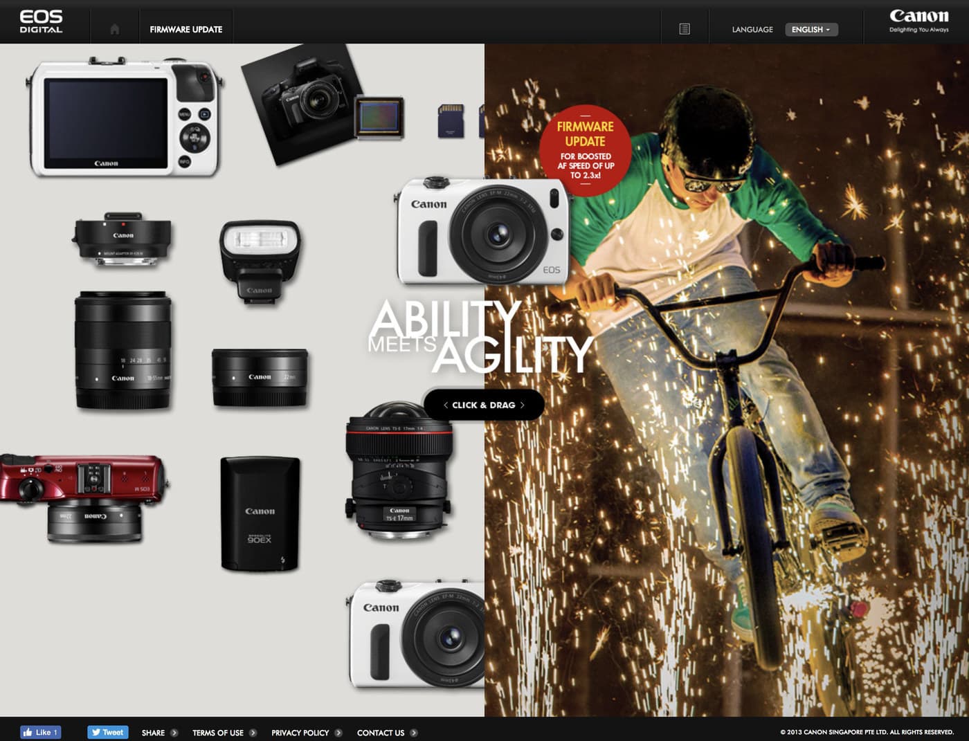 The EOS M homepage: the full system laid out flat on the left, a lifestyle photograph on the right, and a Click and Drag control on the dividing line.