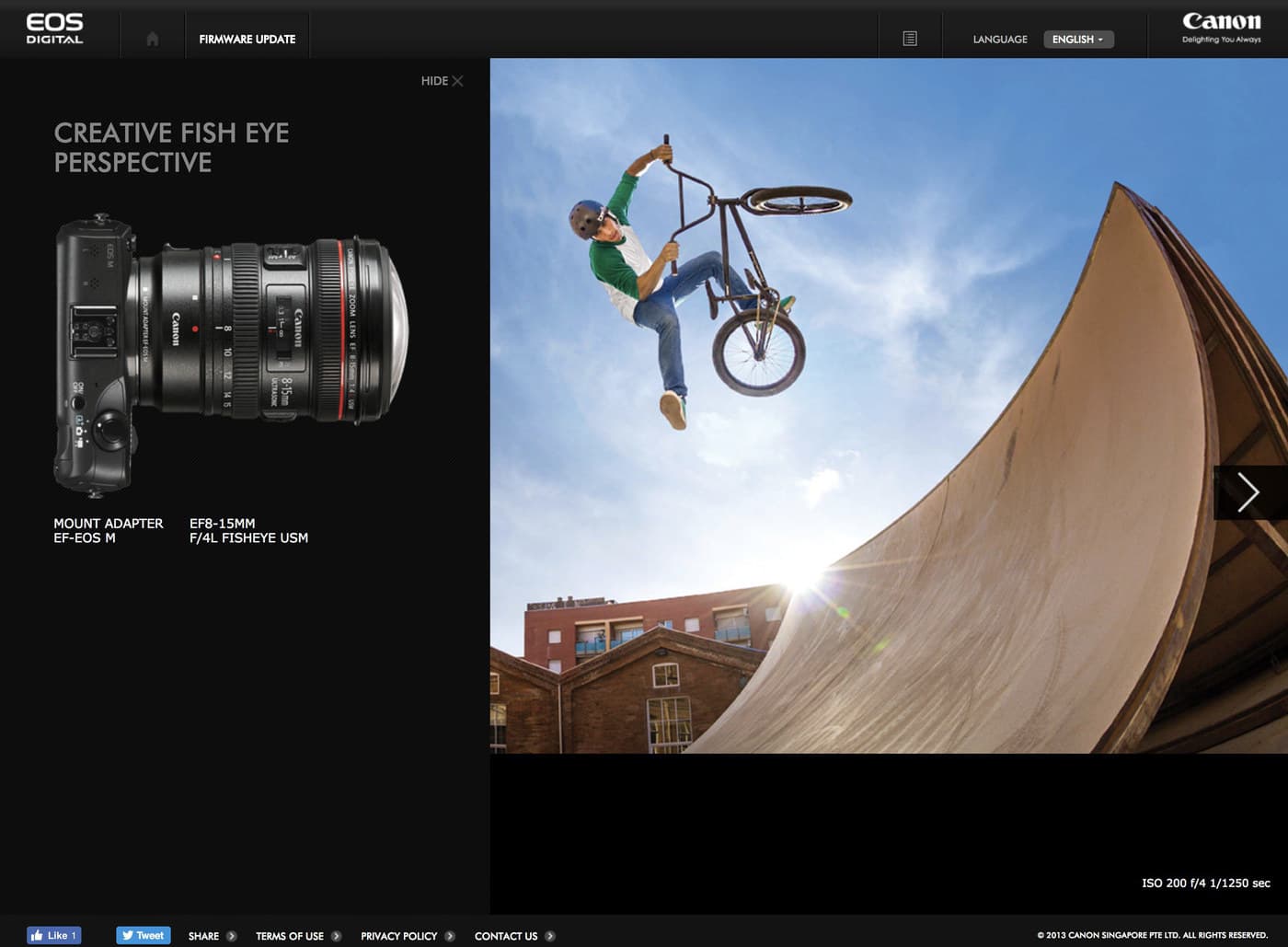 A panel headed 'Creative fish eye perspective' showing an EOS M body with a mount adapter and an EF8-15mm fisheye lens, beside a photograph of a BMX rider against the sky, with 'ISO 200 f/4 1/1250 sec' printed in the corner.