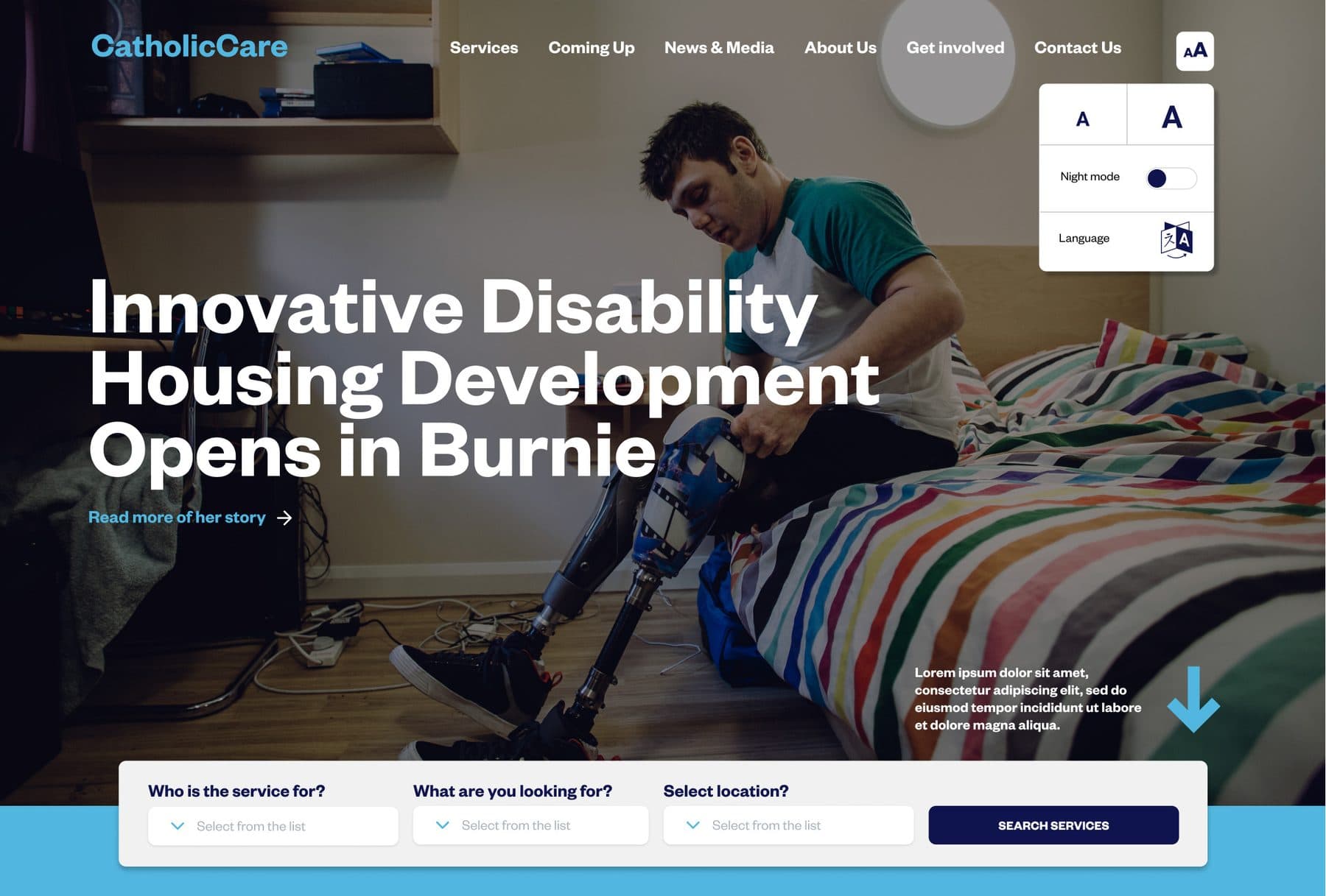The CatholicCare homepage hero with the accessibility panel open in the top right, offering a small and large A, a night mode toggle and a language switch. A service finder with three dropdowns sits across the bottom.
