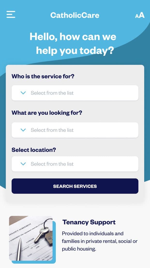 The homepage on a phone, with the hero headline, the service finder stacked into full-width fields, and service cards below.