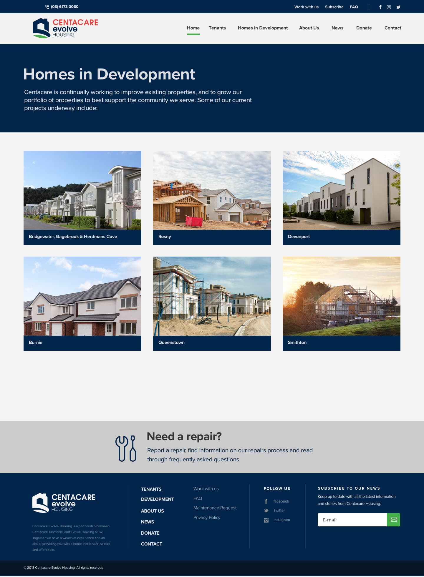The Homes in Development page, showing a six-card grid of Tasmanian housing projects labelled Bridgewater, Rosny, Devonport, Burnie, Queenstown and Smithton.