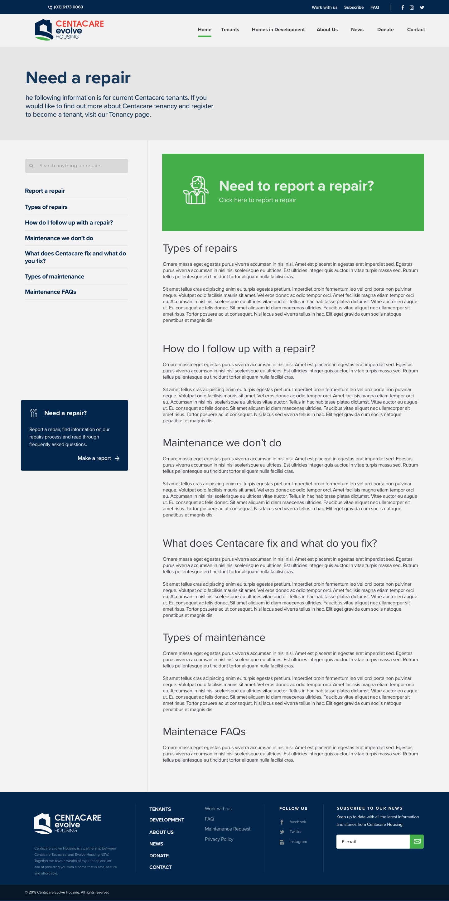 The Need a repair page, with a search field, a list of repair topics, and a green banner reading 'Need to report a repair? Click here to report a repair'.