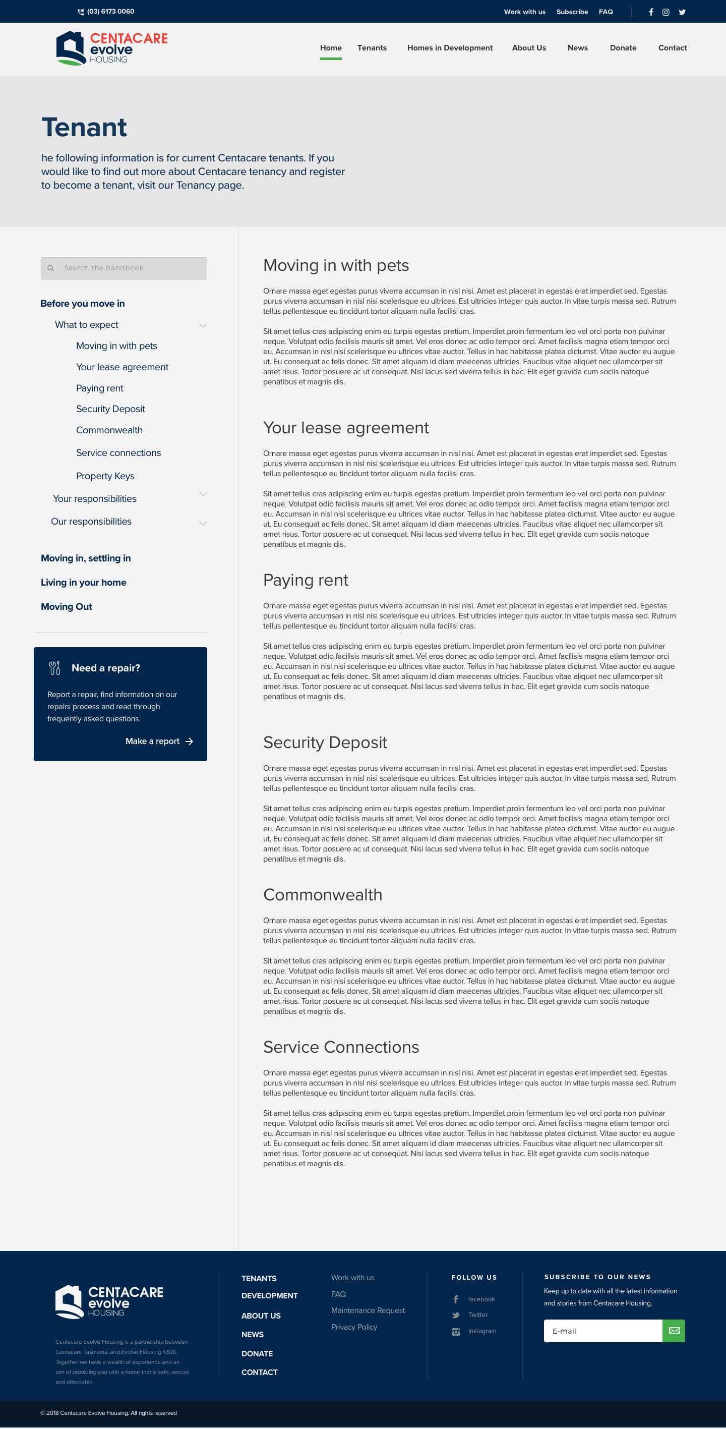 The tenant handbook page, with a search field and a contents list running from 'Before you move in' through to 'Moving Out', beside the handbook body copy.
