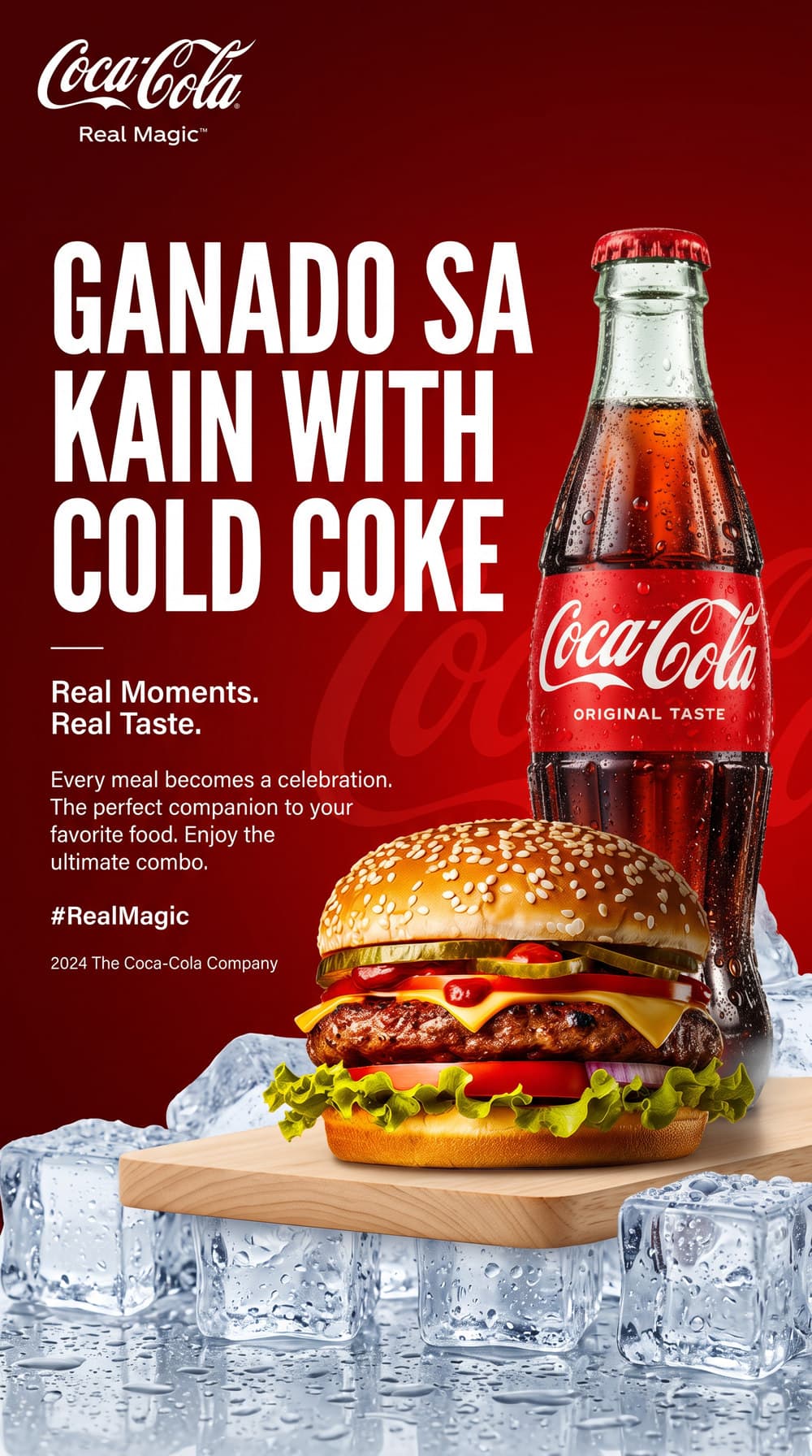 A portrait Real Magic poster headed 'Ganado sa kain with cold Coke', with a Coke bottle and a burger on a board over ice.
