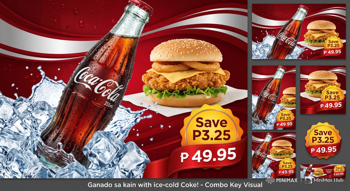 A combo key visual of a Coke bottle in ice beside a chicken burger, with a 'Save P3.25' badge and a price of 49.95 pesos, shown alongside six smaller versions of the same artwork recomposed for different formats.
