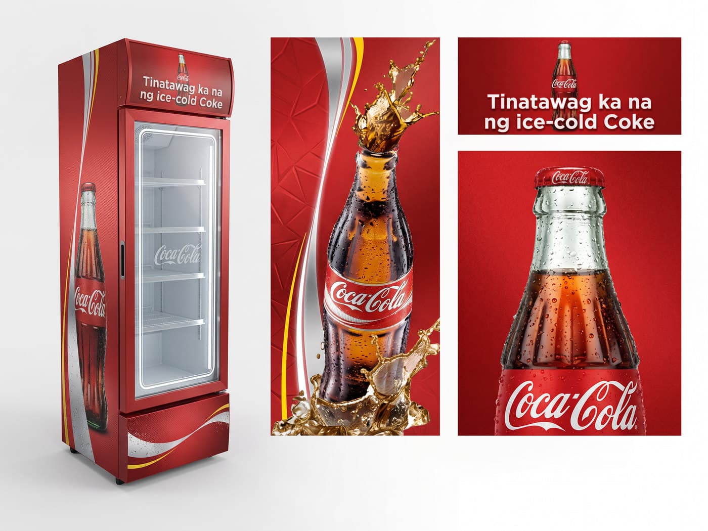 A Coca-Cola cooler wrapped in red vinyl reading 'Tinatawag ka na ng ice-cold Coke', shown beside the flat artwork panels used to print it.