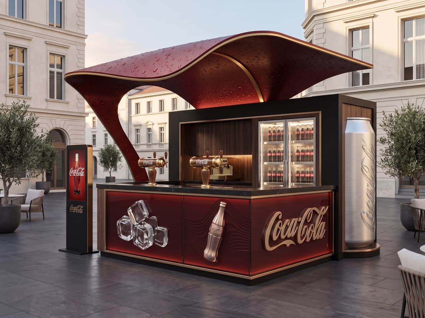 A rendered Coca-Cola kiosk in a paved square: a curved dark red canopy beaded with condensation over a black and red serving counter with brass taps, an illuminated fridge of bottles, an embossed Coca-Cola logo on the counter front, a digital totem to the left and a full height brushed aluminium can to the right.