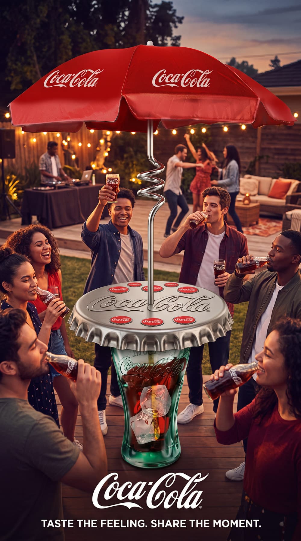 A portrait poster of a backyard party at dusk, people drinking Coke around a table made from a giant bottle cap on a glass bottle base, under a Coca-Cola umbrella, with the line 'Taste the feeling. Share the moment.'