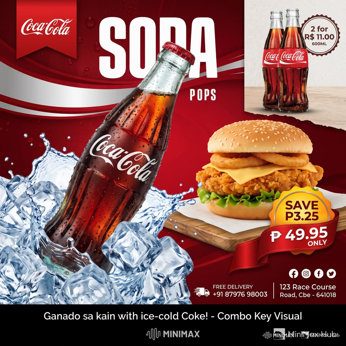 A square social post for the combo deal, with the Coke bottle in ice, the burger, the savings badge, delivery details and social icons.