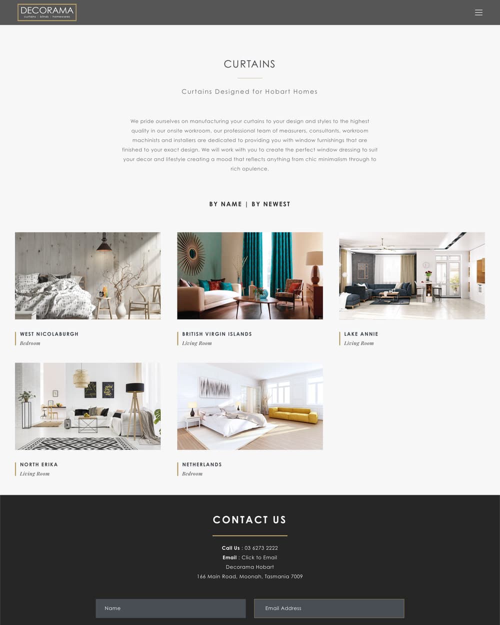The curtains category page: a grid of curtain styles photographed hanging in rooms, each named.