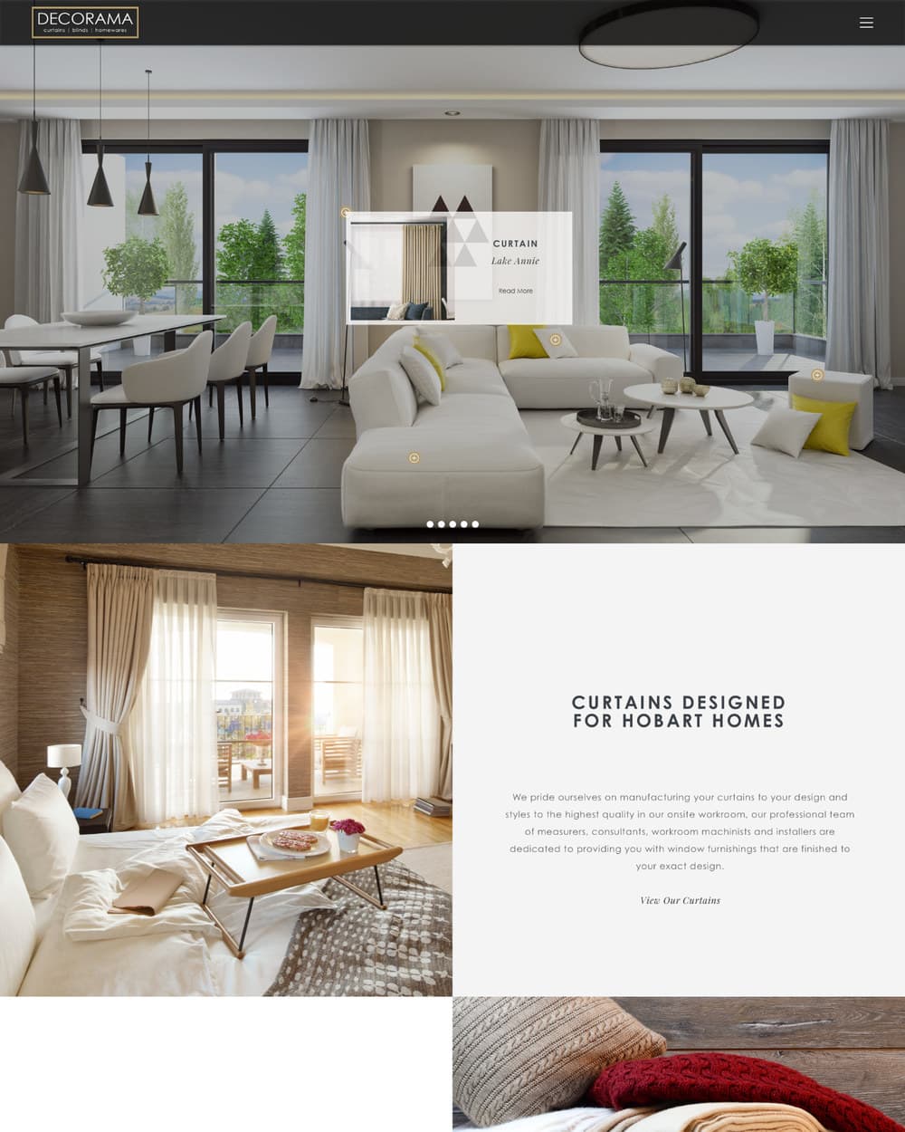 The Decorama homepage: a photograph of a furnished living room with markers on the curtain, cushions and sofa, one of them opened to show a card reading Curtain, Lake Annie.