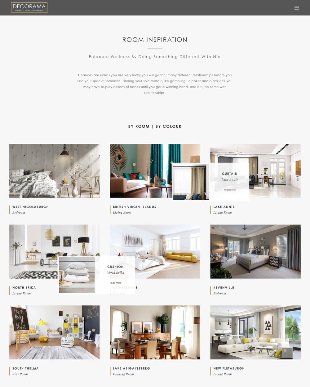 The room inspiration page: full-width photographs of finished rooms with markers on the products in them.