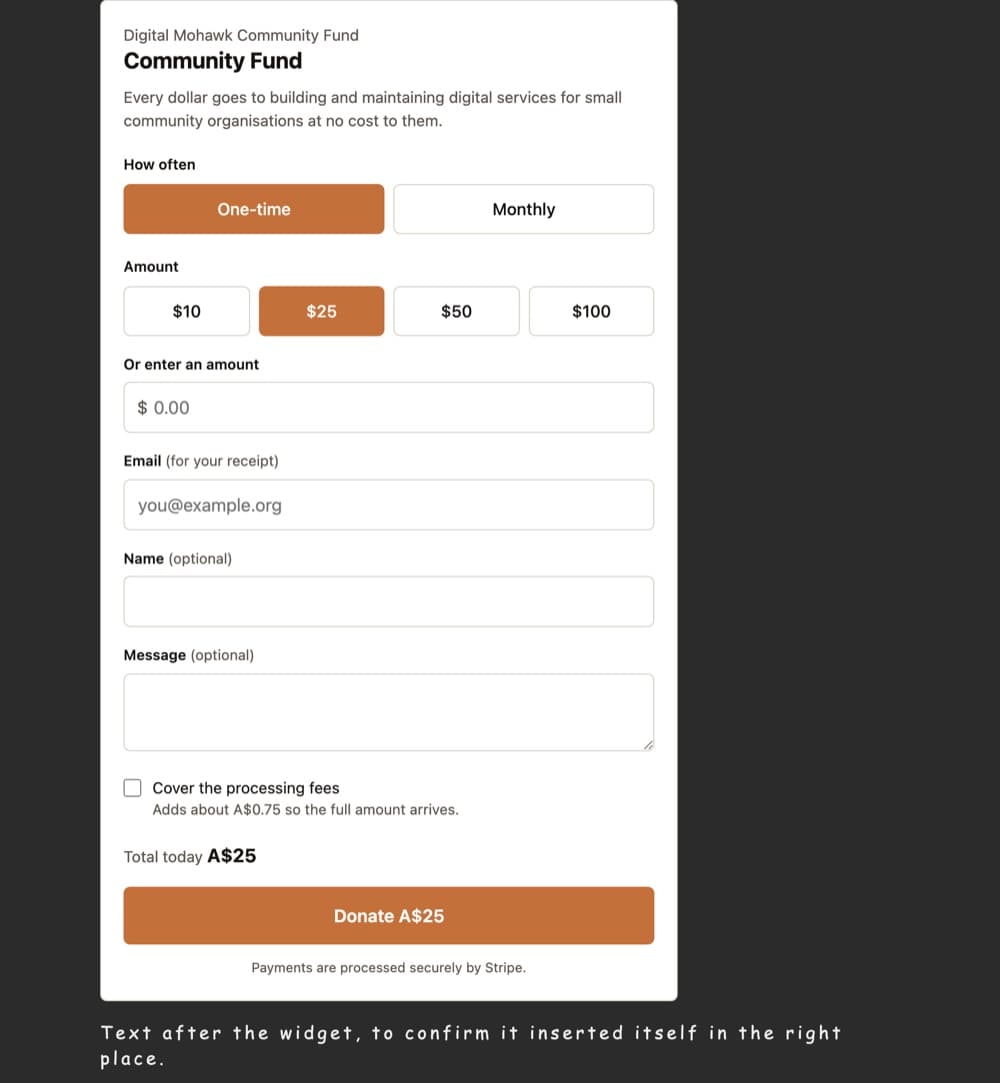 A test page whose stylesheet forces Comic Sans, wide letter spacing, uppercase text and magenta dotted borders on everything. The donation widget sits in the middle of it rendering normally, and a magenta dotted input below shows what the page does to elements it can reach.
