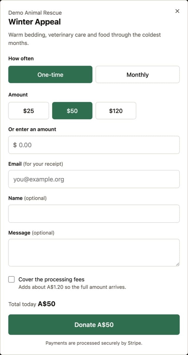 The same form for a second organisation, Demo Animal Rescue, opened as a dialog. It is green rather than orange, has a different campaign name and blurb, and shows three suggested amounts instead of four.