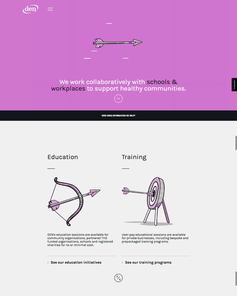 The education and training page on a purple ground with drawn bow, arrow and target, split into an Education column and a Training column.