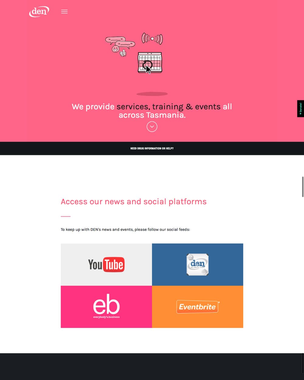 The news and events page on a coral ground with drawn speech bubbles and a calendar, above a grid of social platform links.