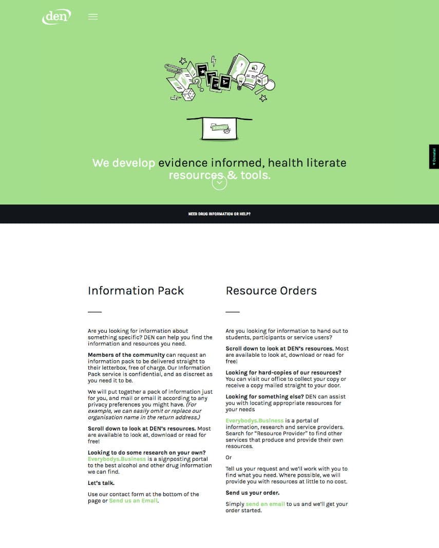 The resources page, with columns headed Information Pack and Resource Orders, then a search field reading 'e.g. help, alcohol'. A black bar across the page asks 'Need drug information or help?'