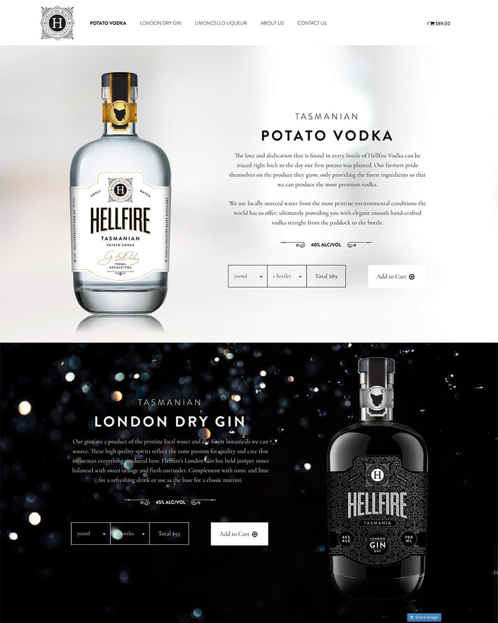 Two full-screen product bands: Tasmanian Potato Vodka on white with size and quantity selectors, and London Dry Gin on black with the same controls.