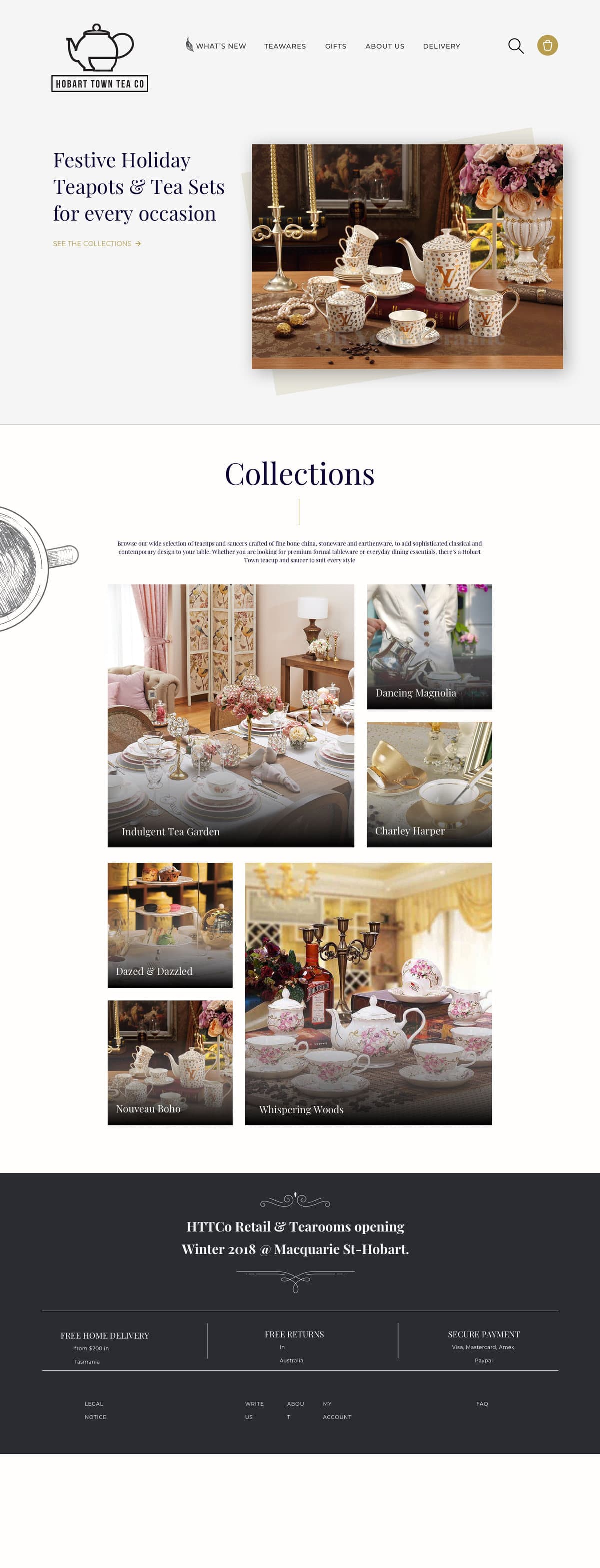 The full Hobart Town Tea Co homepage: a teapot logotype and seasonal banner for festive teapots and tea sets, then a Collections grid of six named collections photographed as table settings, a note about the retail shop and tearooms opening, and a footer bar.