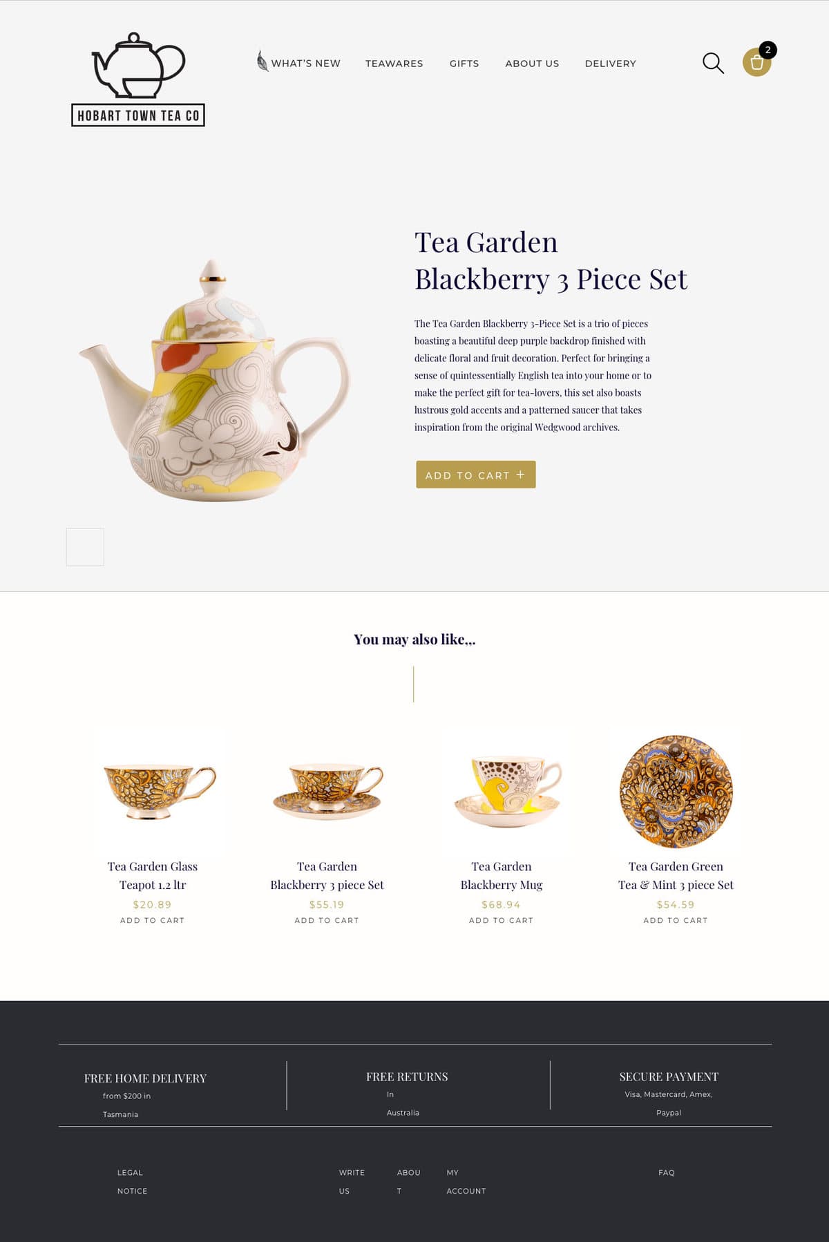 The full product page for the Tea Garden Blackberry three piece set: the teapot shot on white, a description, an Add to Cart control, and a 'You may also like' row showing the rest of the collection.