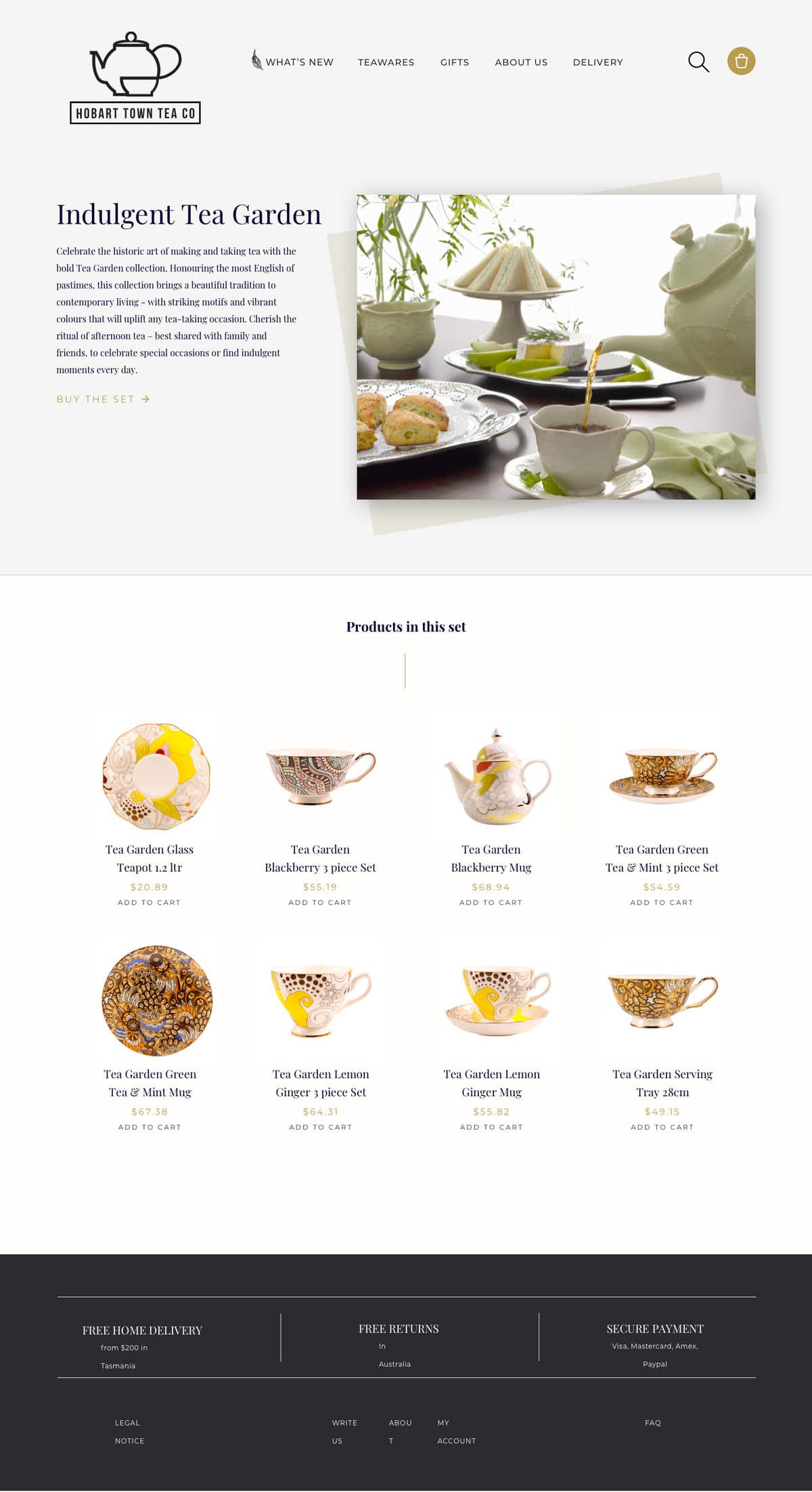The Indulgent Tea Garden set page in full: the set photographed on a laid table, a description, then a grid headed 'Products in this set' listing eight pieces, each priced with its own Add to Cart, and a footer bar stating free delivery, free returns and secure payment.