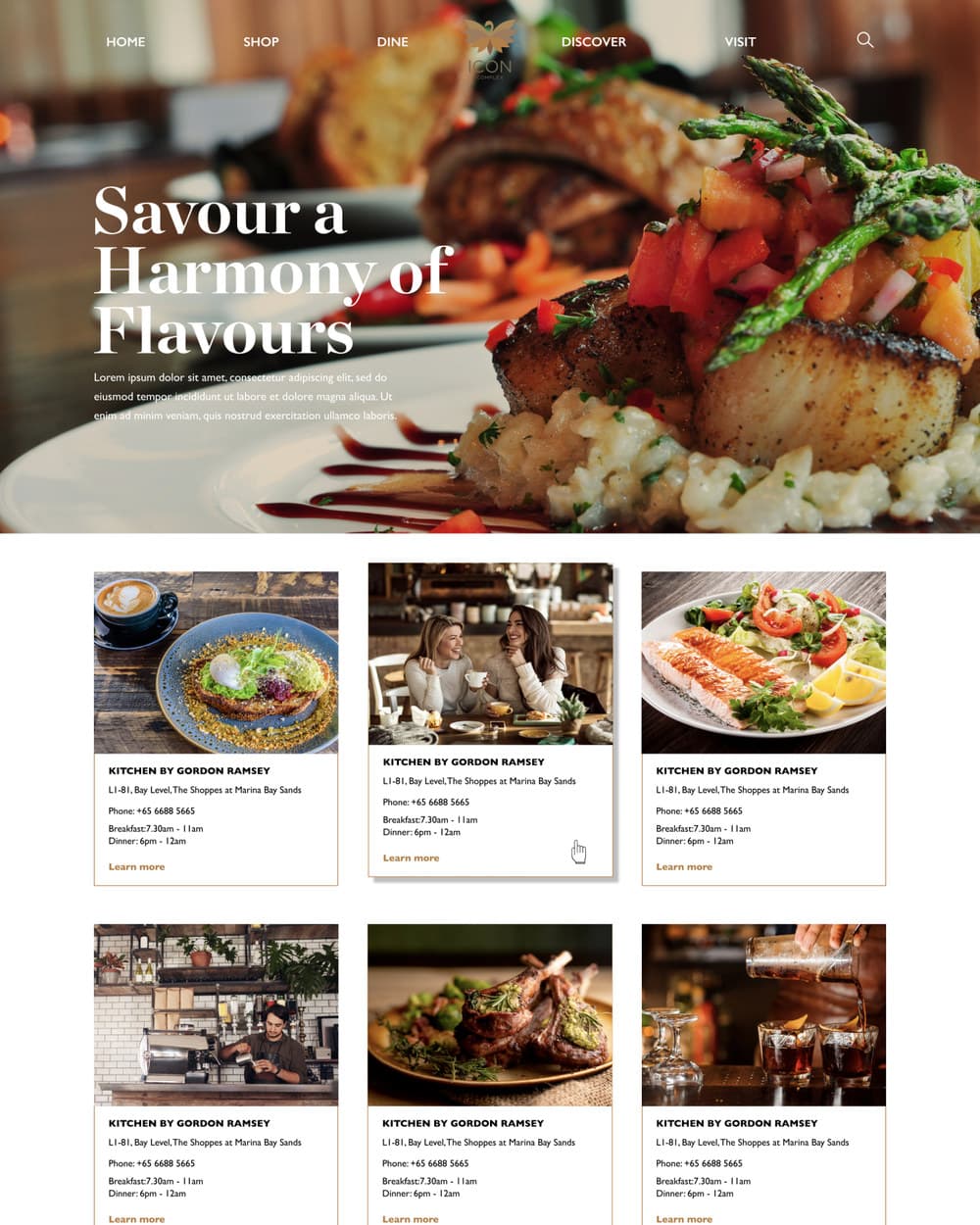 The dine section: restaurants at the complex shown as full-width photographs with names and cuisine types.