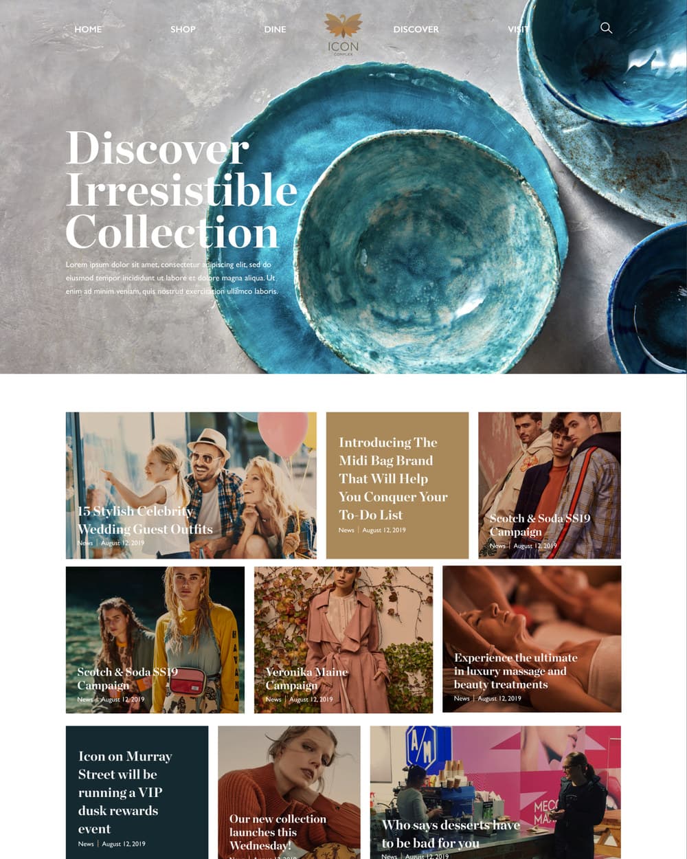 The Icon Complex homepage: a full-bleed photograph of glazed ceramic bowls with the heading Discover Irresistible Collection, above a grid of dated editorial articles.