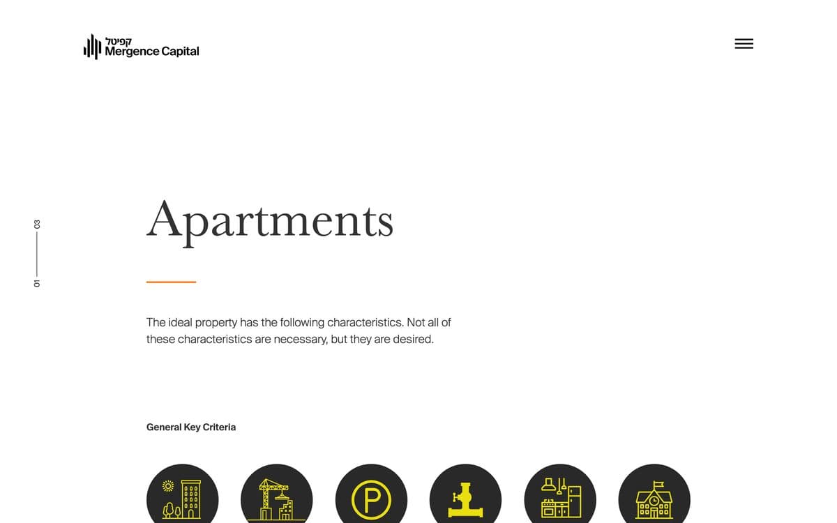 The Apartments funding page: a light ground with a serif heading, an orange rule, and a row of circular custom icons setting out the general key criteria for a desirable property.
