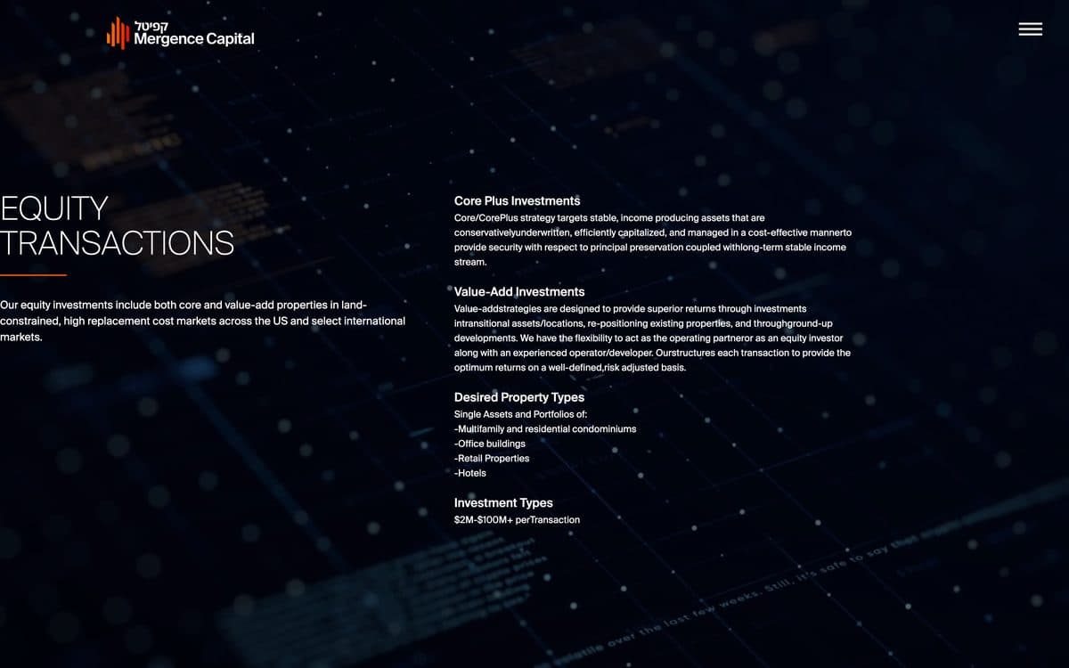 The Equity Transactions screen on Mergence Capital: a dark navy ground with a network texture, the section title running off the left edge, and dense two-column detail covering core-plus and value-add strategies, property types and transaction sizes.