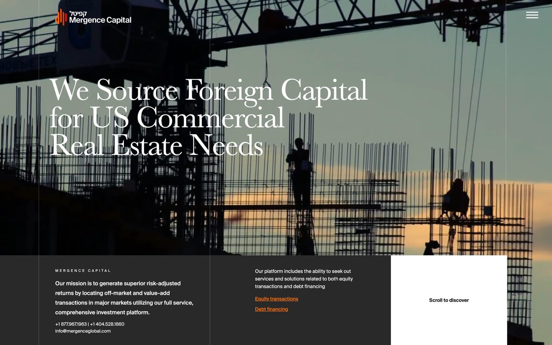 The Mergence Capital homepage: a construction site silhouetted against a dusk sky, headed 'We Source Foreign Capital for US Commercial Real Estate Needs' in a serif display, with a bilingual Hebrew and Latin lockup top left, a dark band carrying the mission and contact numbers, and a white 'Scroll to discover' panel.
