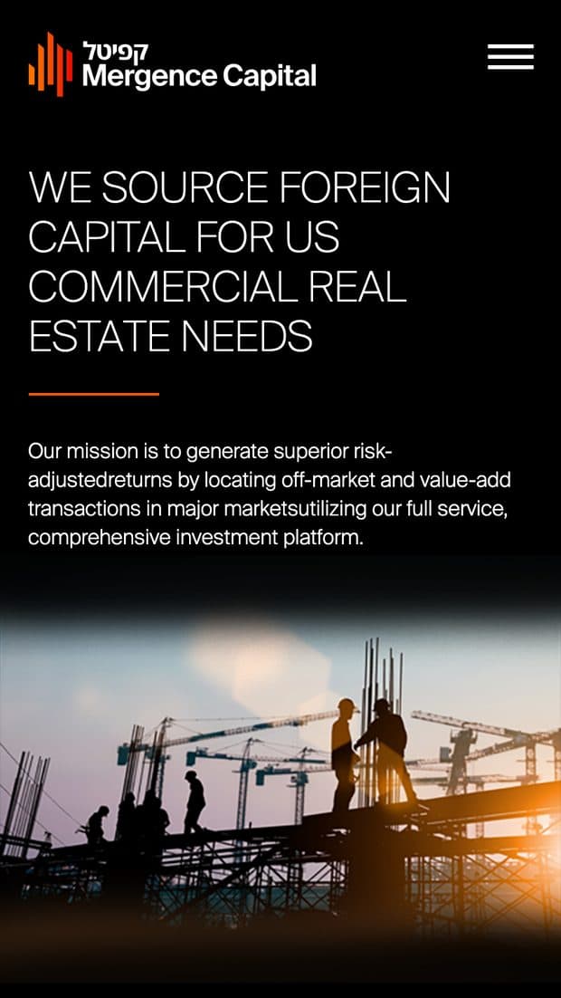 The Mergence Capital homepage on a phone: the headline set in caps above the mission statement, the dusk construction photograph beneath, and the Equity Transactions section following.