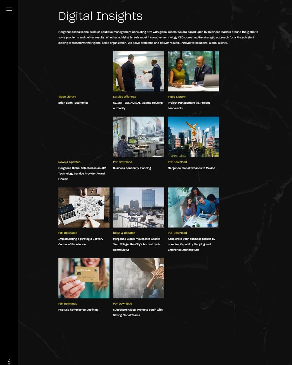 The Digital Insights page on a black marble ground, showing a grid of resource tiles each tagged in yellow as Video Library, Service Offerings, News & Updates or PDF Download.