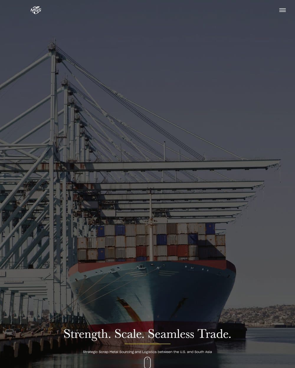 The Mergence Global Sourcing page: a container ship under gantry cranes, headed 'Strength. Scale. Seamless Trade.' with the subtitle 'Strategic Scrap Metal Sourcing and Logistics between the U.S. and South Asia', carrying an MGS logo top left and the Mergence Global mark bottom right.