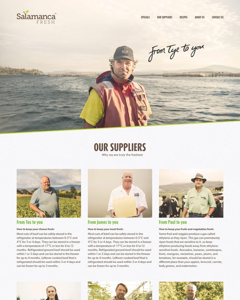 The Our Suppliers page, headed 'Why we are truly the freshest', with a grid of grower portraits each titled 'From Tex to you', 'From James to you', 'From Paul to you' and carrying advice on keeping food fresh.