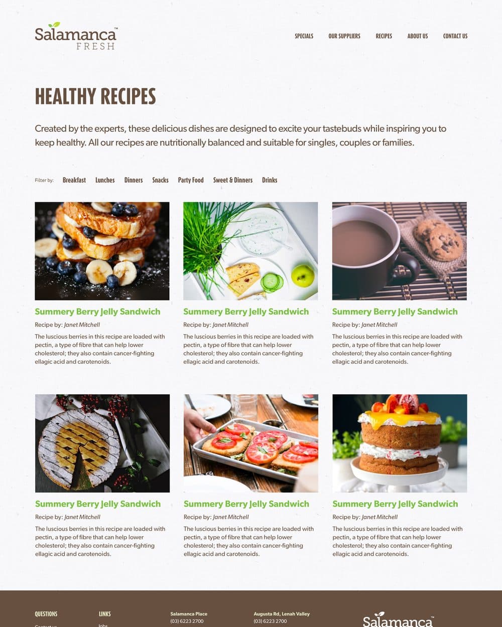 The Healthy Recipes page, filterable by breakfast, lunches, dinners, snacks, party food, sweets and drinks, with a grid of photographed dishes each credited to a named author.