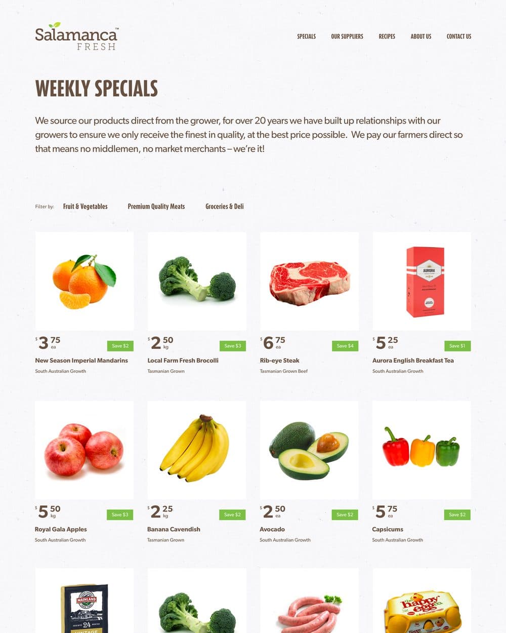 The Weekly Specials page, filterable by fruit and vegetables, meats, or groceries and deli, showing a grid of products with price, unit and a green savings tag.