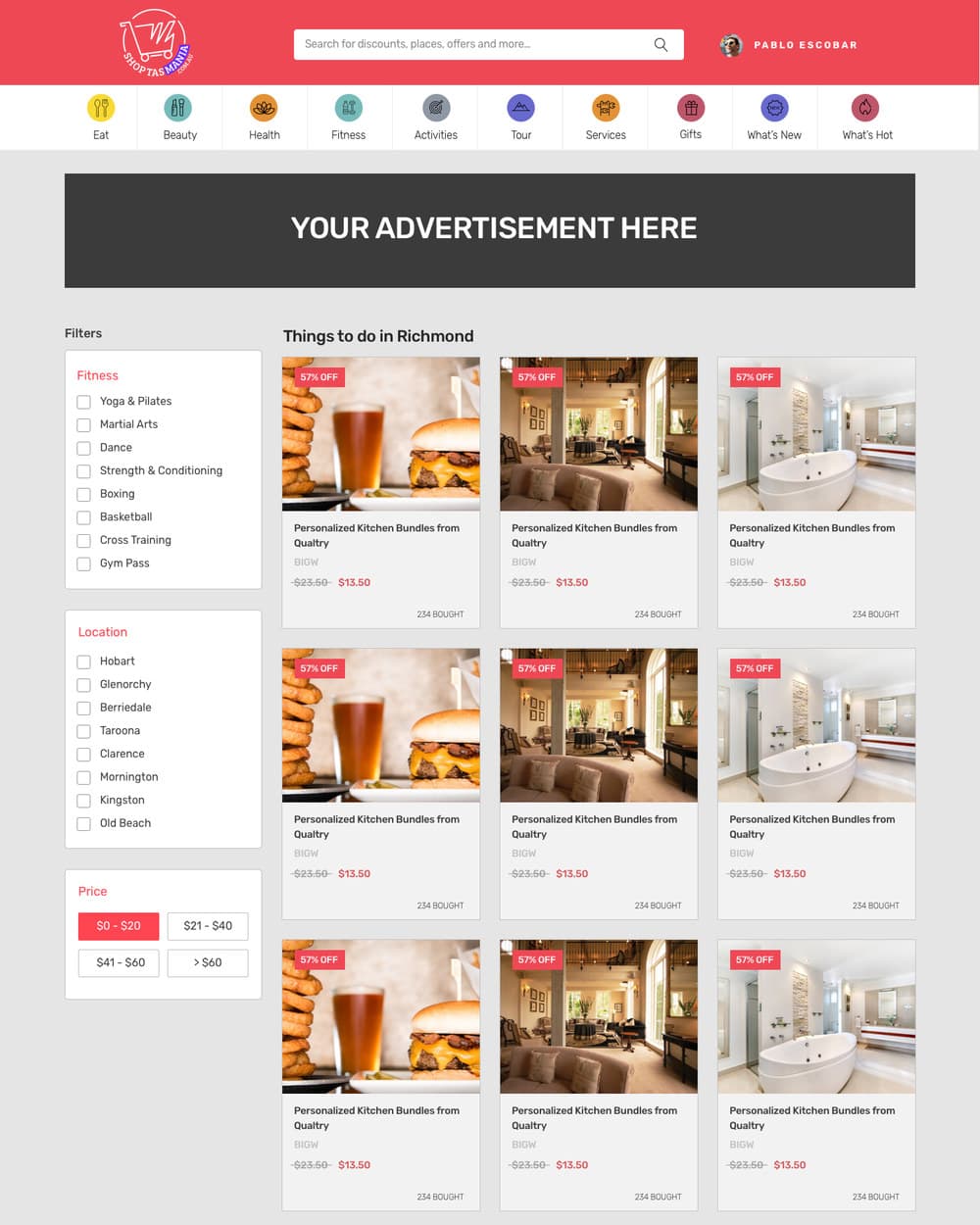 A category listing page showing a grid of deal cards, each with a photograph, a discount flag and a price.