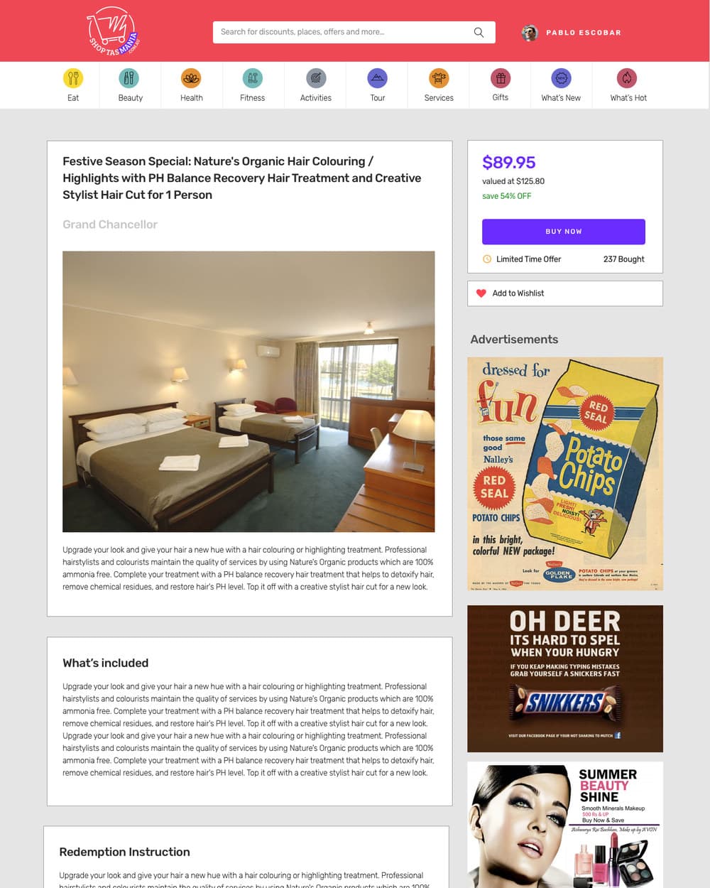 A deal page for a hair treatment: the offer title, the venue, a photograph, the price at $89.95 against a value of $125.80, a Buy Now button, and a count of 237 bought.