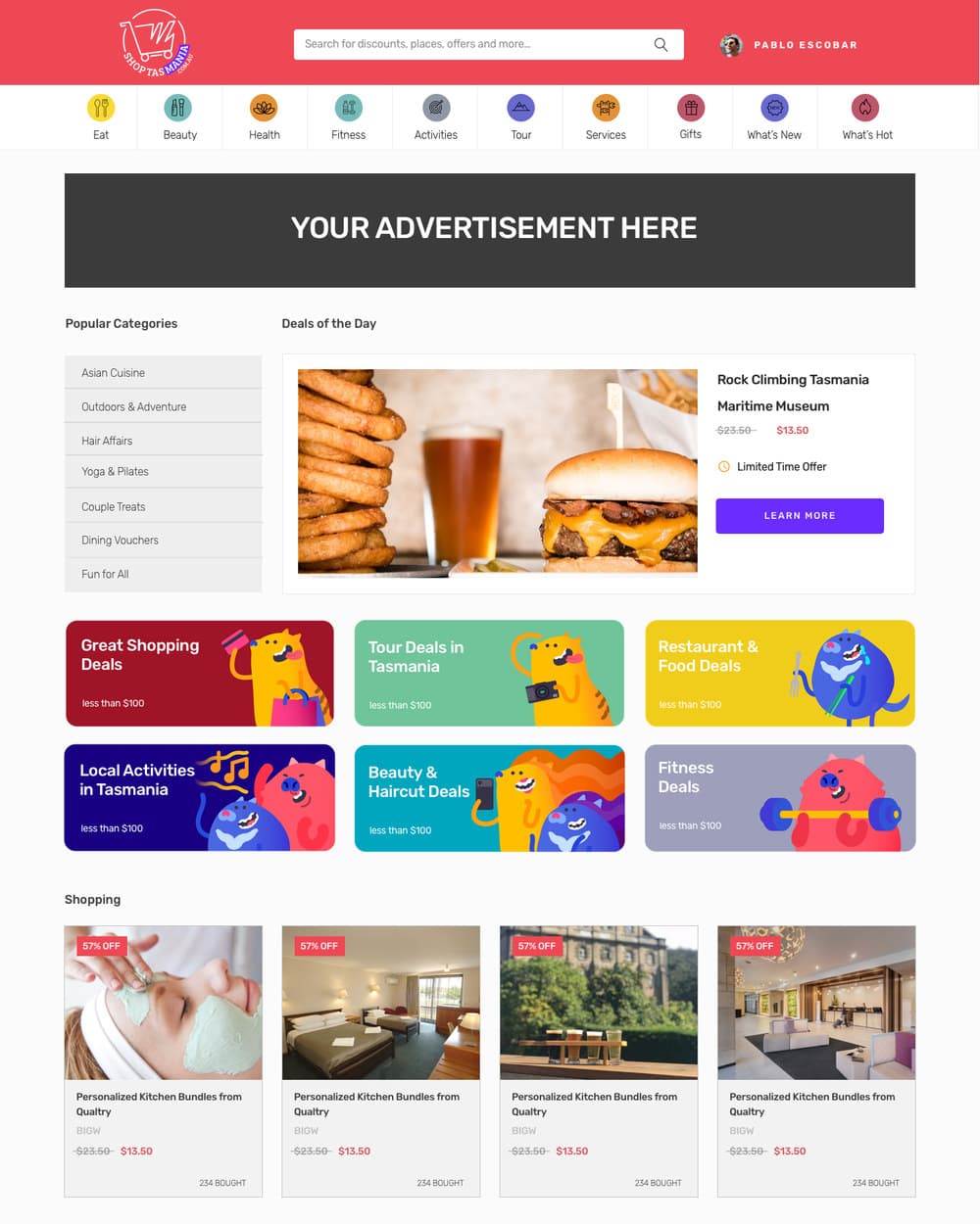 The homepage: category icons for Eat, Beauty, Health, Fitness, Activities, Tour, Services and Gifts, a Deal of the Day panel, and six illustrated category tiles.