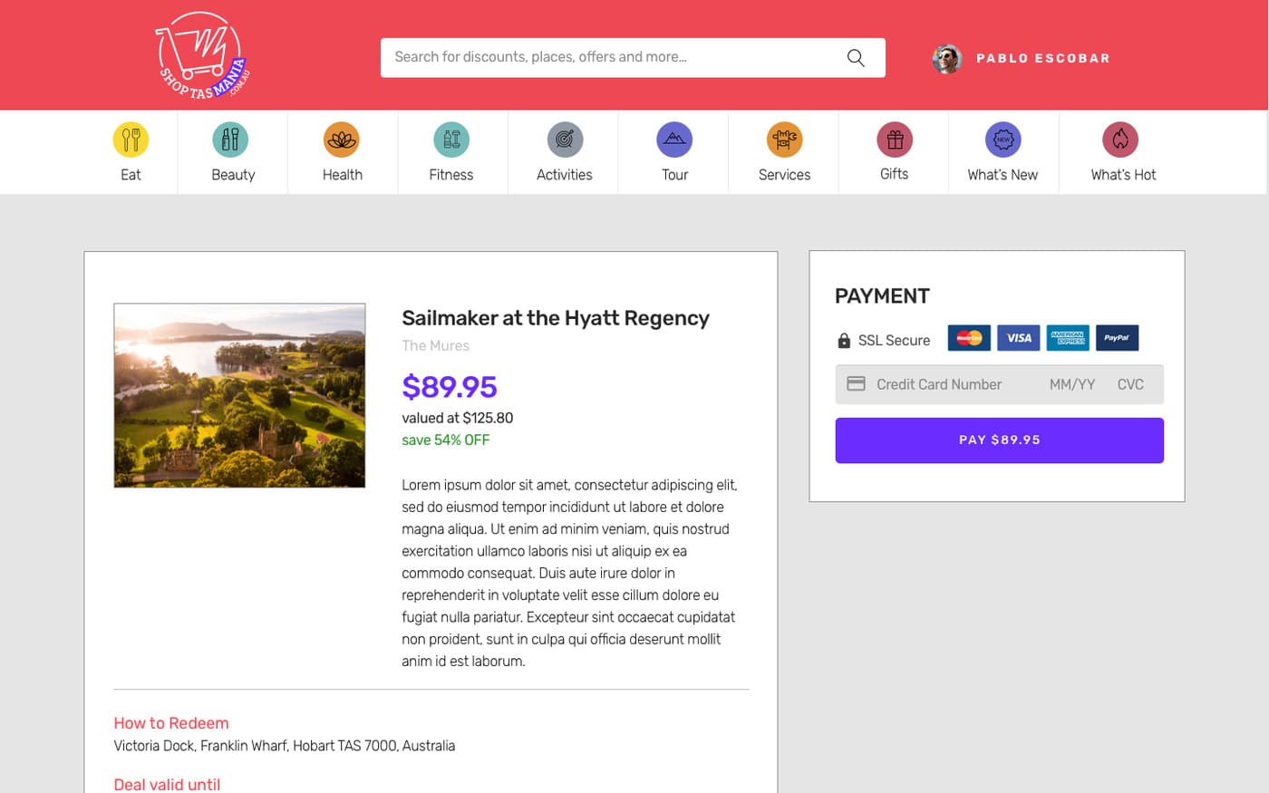 The payment step: the deal summary on the left with how to redeem, validity and conditions, and a payment panel on the right taking a card number.
