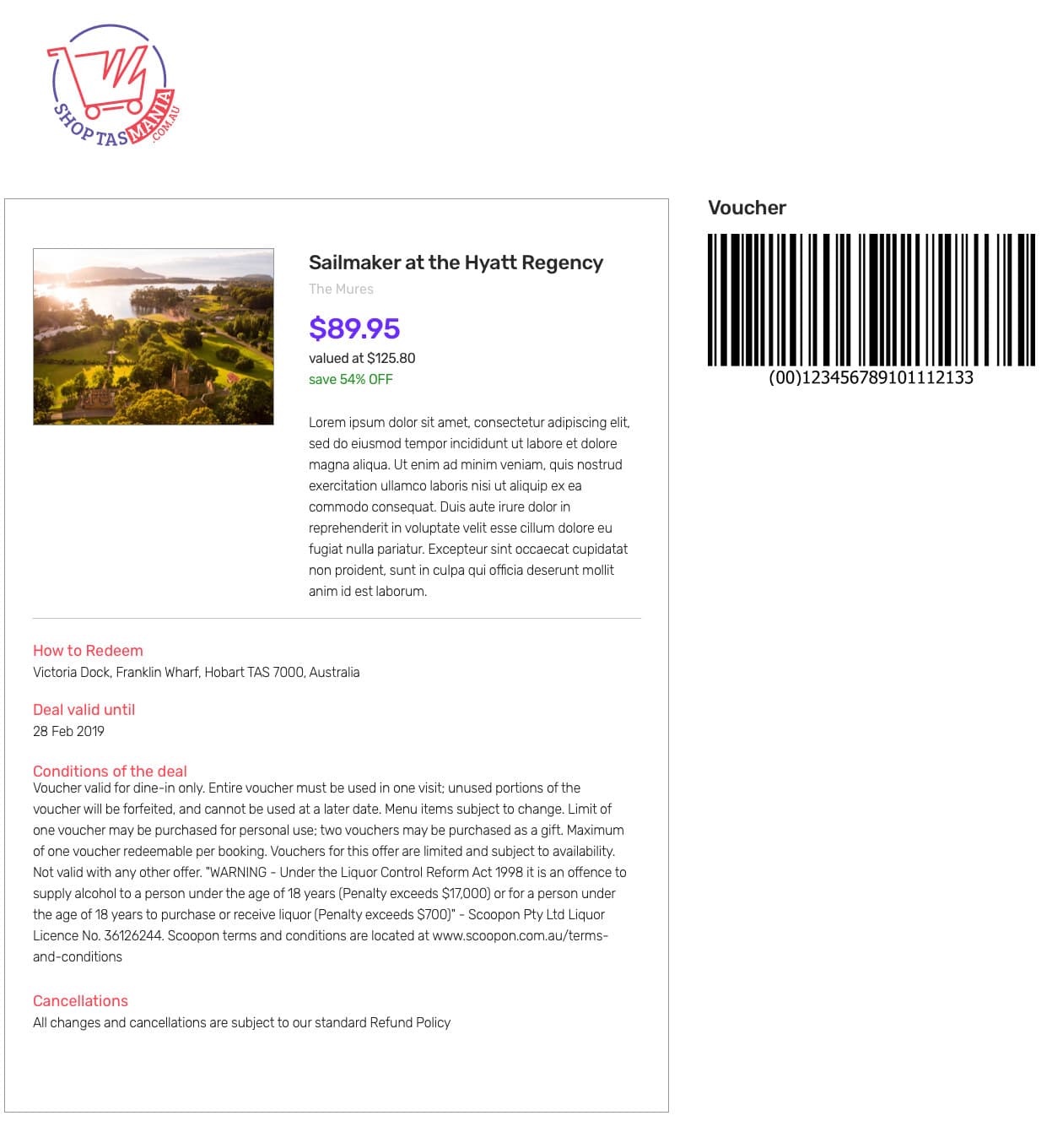 The printable voucher: the Shop Tasmania logo, the deal and its price, the address to redeem it at, the expiry date, the full conditions, and a barcode.