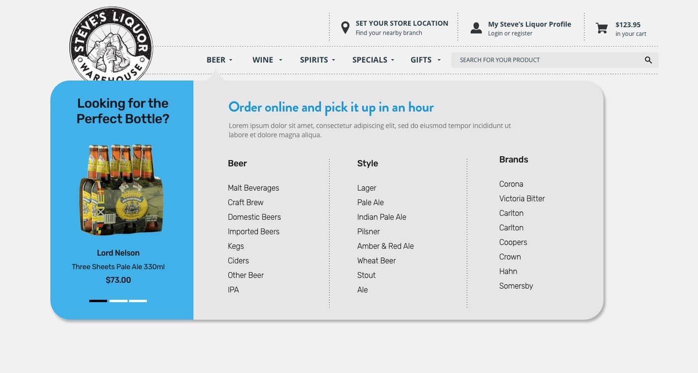 The homepage with a mega menu open, showing beer, wine, spirits, specials and gifts expanded into their subcategories.