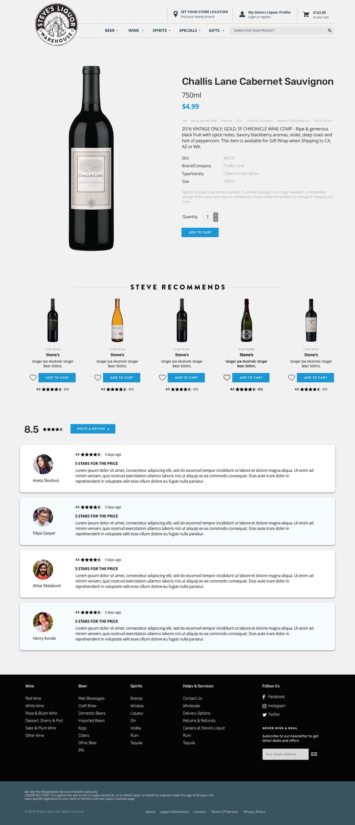 A full product page for a Challis Lane Cabernet Sauvignon at $4.99: the bottle shot on white, an attribute strip reading red, ready but will keep, Elderton, 2014, medium-full bodied, dry, 14.5% alcohol, a tasting note, SKU and brand fields, a notice that a comparable vintage may be substituted, and a Steve Recommends row.