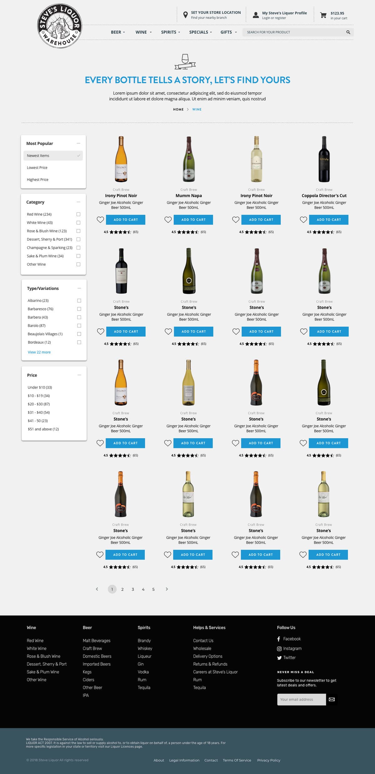 A full wine category page headed 'Every bottle tells a story, let's find yours', with sort options, a category filter listing red, white, rose, dessert, champagne and sake with counts, a type and variations filter, and a grid of rated bottles.