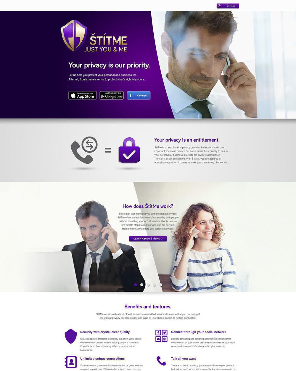 The landing page: a hero reading 'Your privacy is our priority' with store buttons, then a section headed 'Your privacy is an entitlement' with a diagram of a call equalling a padlock.