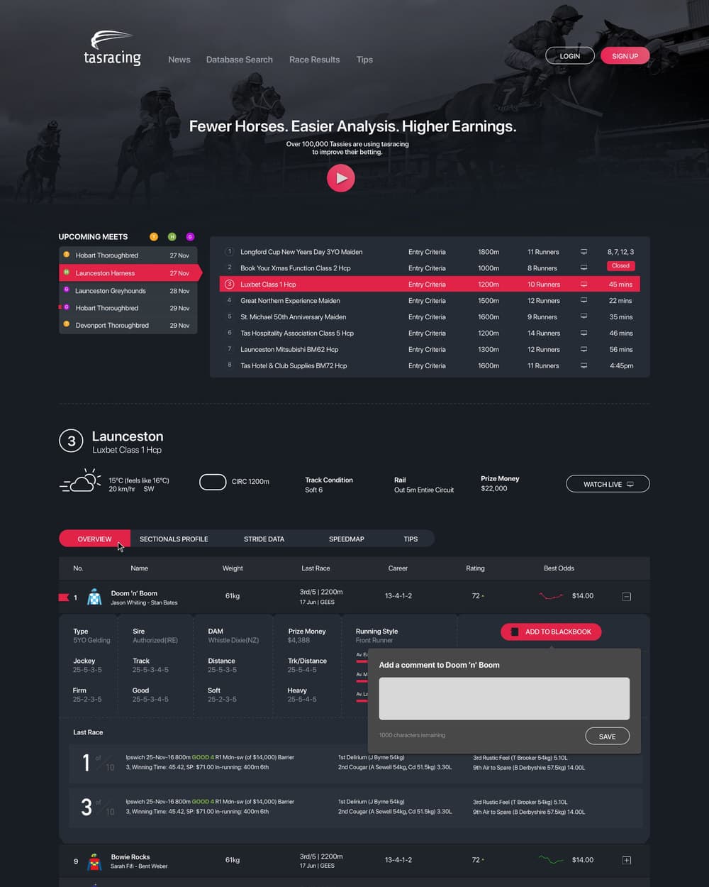 The homepage: upcoming meets with entry criteria, distance and runner counts, then a Launceston meeting with track condition, weather and a form guide.